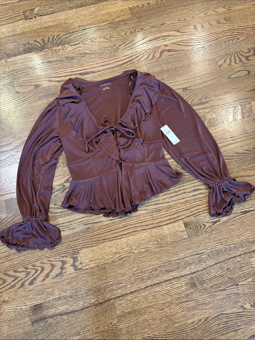 Anthropologie NWT Women's Ruffle-Trim Tie-Front Blouse - Plum/brown